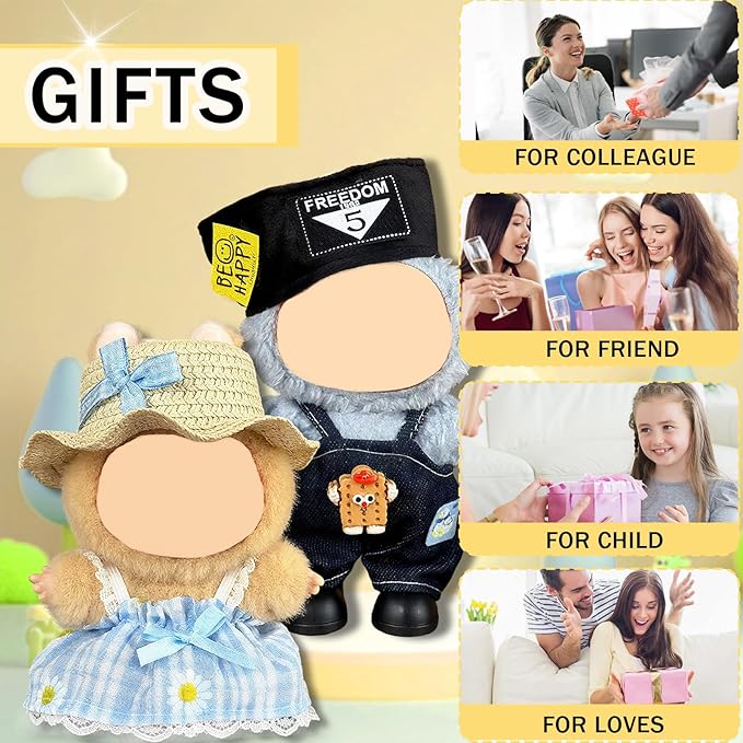 Doll Clothes for Labubu,Cute Outfit for 17cm Doll Clothe 2/3PCS Clothes and Hats Stylish Dolls Clothe for 17 cm Labubu,Casual Style Costumes for Labubu Dolls (Straw Captain Hat Set)