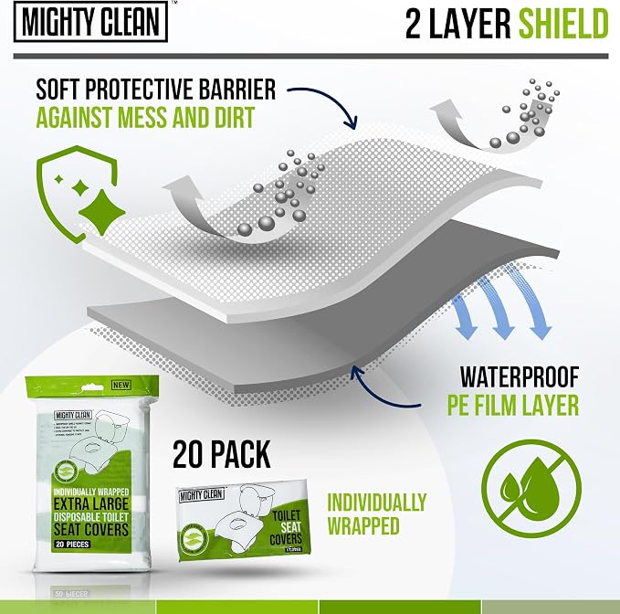 XL Disposable Toilet Seat Covers by Mighty Clean｜100% Waterproof ｜Individually Wrapped, Extra Wide Covers for Adults and Kids｜20 Count