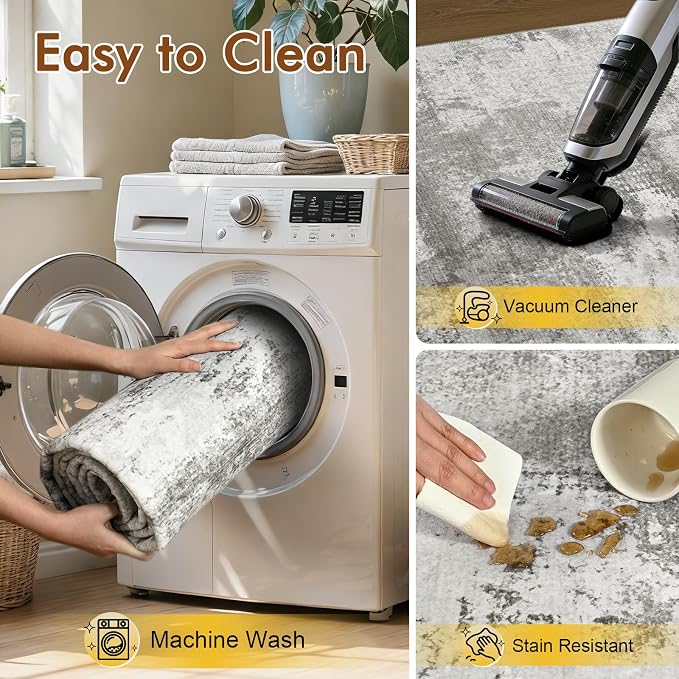 2x6 Ft Washable Runner Rug, Non-Slip Low Pile Hallway Kitchen Area Rug, Soft Abstract Long Entryway Floor Mat Print Pattern Carpet for Bedside & High-Traffic Areas (Grey)