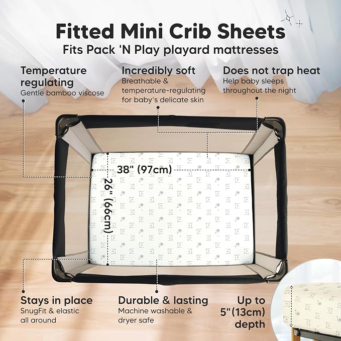Pack and Play Sheets Fitted - 2-Pack Mini Crib Sheets for Pack N Play Mattress 38x26, Soft & Cozy, Neutral Toddler Playard Bedding, Snug Fitted Mini Baby Crib Mattress Cover Boy, Girl (Bumble Bear)