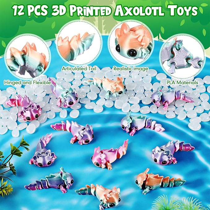 Honoson 12 Pcs 3D Printed Fidget Toy 3D Printed Rainbow Axolotl Small Animal Toy Flexible Cute Articulating Pet Stress Relief Fidget Toys for Play and Display(6cm)