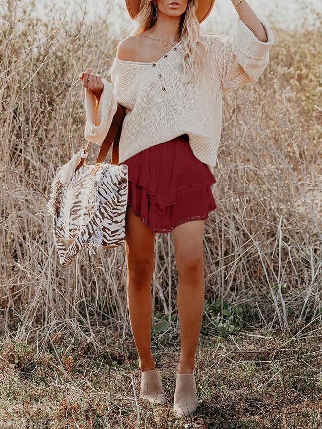 Flowy Shorts for Women Casual Boho Ruffle Tiered Skorts High Waist Mini Skirts Golf Tennis Crochet Shorts