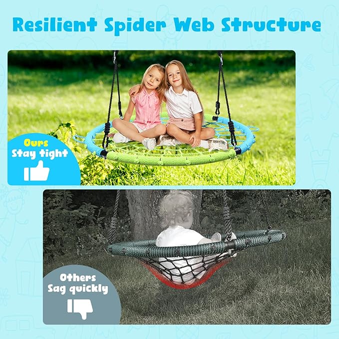 Trekassy 750lbs 40" Spider Web Saucer Tree Swing for Kids Adults, Outdoor Net Swing with Steel Frame and 2 Hanging Straps-Blue+Green (Patented)