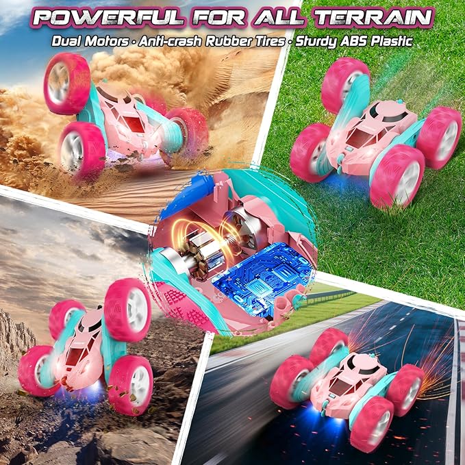 cosone RC Cars, Pink Remote Control Car for Girls, 2.4 GHZ Double Sided RC Stunt Car 360 Rotating Remote Control Cars with Headlights Toys for 6 7 8 9 10 11 12 Girls Birthday Gift