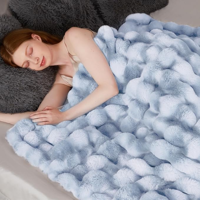 Luxury 1000GSM Faux Rabbit Fur Throw Blanket, Super Heavy Warm Cozy Grey Blankets for Couch Bed Sofa, Ruched Plush Fuzzy Elegant Soft Reversible Mink Blanket for Living Room Bedroom