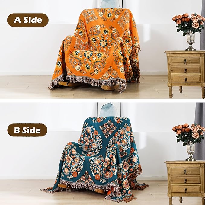 VANJOROY Boho Large Throw Blanket, 100% Organic Muslin Cotton Breathable Soft Bed Throw - Floral Farmhouse Decor Blanket for Sofa Couch Chair and Gift. 80" x 90"- Orange