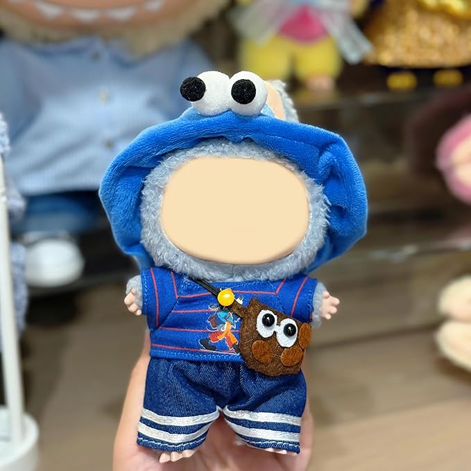 Doll Clothes Set for 15cm/17cm Dolls Outfit Accessories, Blue Headband + Blue Short-Sleeved Shirt + Blue Jeans + Brown Cartoon Crossbody Bag + Clothes Hanger (No Doll Included)