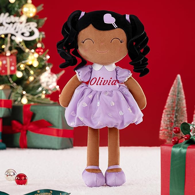Gloveleya Personalized Baby Doll – Custom Name Rag Doll with Curly Hair & Purple Heart Dress | Birthday Gift for Girls Toddlers Kids | Soft Keepsake Plush Toy 16"