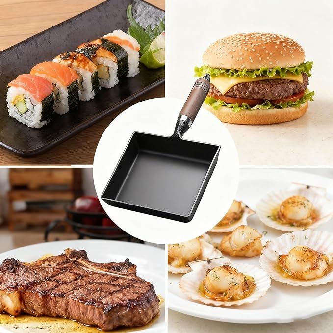OUKENS Japanese Cast Iron Tamagoyaki Pan Nonstick, Multifunctional Square Japanese Egg Pan, Detachable Wood Handle, Oven Safe, for Omelets, Steak and Camping,6.1 x 7.3 Inch