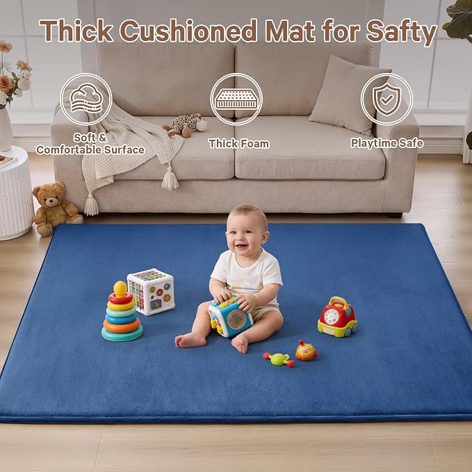 Baby Play Mat for Floor,Ultra Thick Elastic Foam 50"x50" Playmat Tummy Time Muscle Crawling Exercise Activity Cushion Gym Mat Nursery Playroom Area Kids Rug for Babies, Toddlers,Infants,Navy Blue