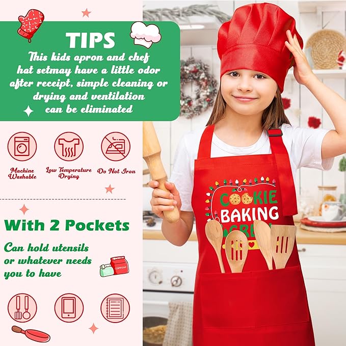 R HORSE 2Pcs Christmas Kid Apron and Chef Hat Set, Xmas Red Adjustable Children Red Kitchen Apron, Dress up Role Play Chef Toy Cooking Baking Painting Training Kits for Kids Birthday Christmas Gift