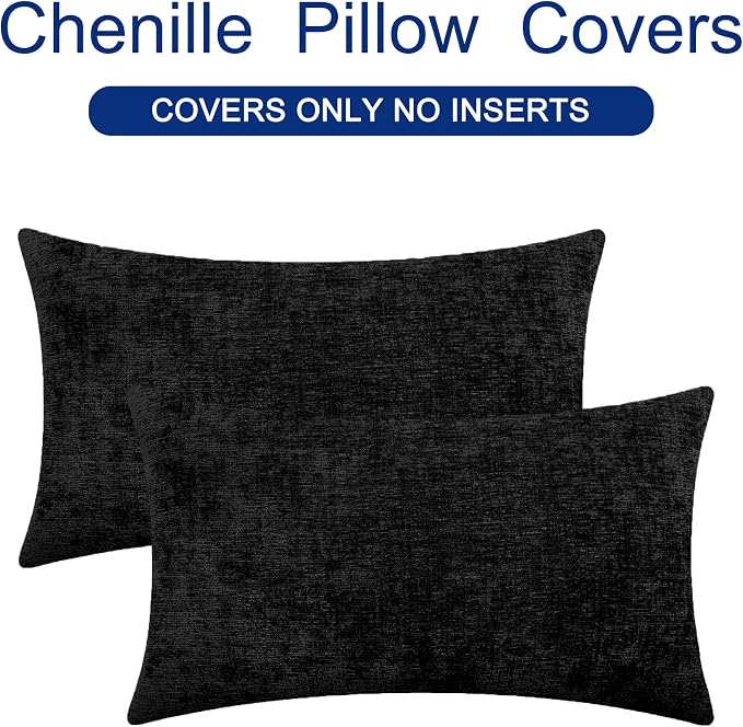 CaliTime Decorative Couch Throw Pillow Covers 26 X 16 Inches Black | Pack of 2, Cozy Chenille Cushion Cases for Sofa Bed Living Room Farmhouse Home