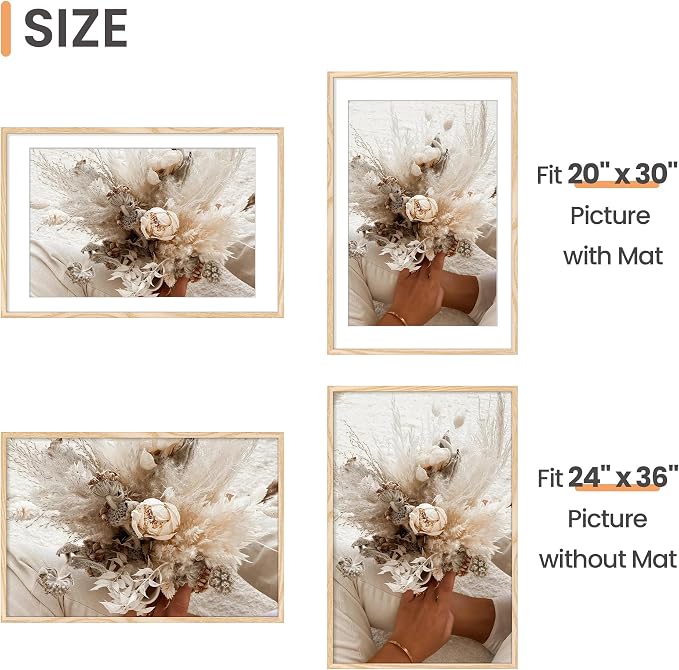 upsimples 24x36 Poster Frame, Display Pictures 20x30 with Mat or 24x36 Without Mat, Wall Hanging Picture Frame, Natural Style, 1 Pack