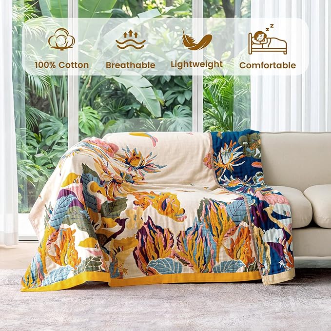 MSGKV 100% Cotton Throw Blanket for Bed Couch Fall 90''x 98'' Super Soft Muslin Blankets Warm Boho Quilt Lightweight Farmhouse Decorative Bed Blankets | Super Soft Muslin, Everyday Comfort, Lightweight, Farmhouse Decor, Decorative Throw, Machine Washab...