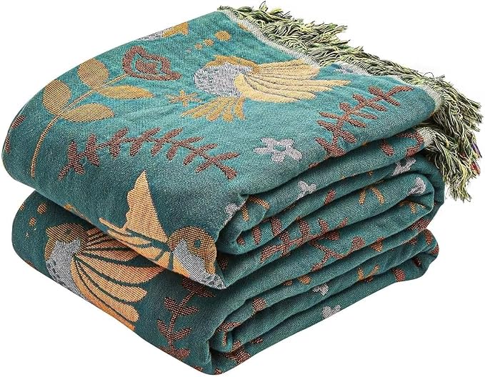 XIBLC Boho Throw Blanket, 100% Cotton Ultra Soft Luxury Throw Rustic Quilt, 60"x80" Floral Printed Farmhouse Decor Bed Summer Blankets, All Season Rustic Reversible Bohemian Throw for Bed - Blue