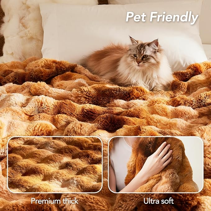 L'AGRATY Faux Fur Throw Blanket for Couch, 60''x80'' Tie-Dye Caramel Brown | Soft Cozy Bubble Fluffy Blanket for Sofa Bed, Thick Warm Plush Fuzzy Throw for Room Home Decor, Luxury Gift for Women Mom