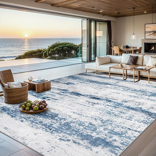 6x9 Area Rugs for Living Room - Washable Rug Modern Abstract Soft Large Neutral Non-Slip Carpet Indoor Floor Thin Carpets for Bedroom Dining Room Farmhouse Nursery Home Office White Blue Grey