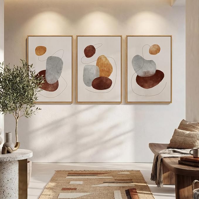 Large Neutral Abstract Canvas Wall Art for Living Room, 3 Piece Framed Wabi-Sabi Prints Paintings Artwork for walls, Minimalist Modern Pictures Wall Decor for Bedroom, Office, Dining Room, 24x36 In