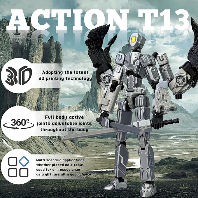 T13 Action Figure Assembly Completed, T13 Multi-Jointed Movable Robot Action Figure Set,Collectors Desktop Decorations for Game Lovers Toys (Silvery, 5.5IN)