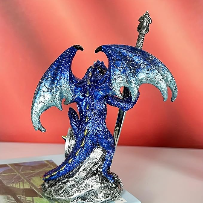 Dragon Statue | Gothic Dragon Ornament, Collectible Ender Figurine | Fantasy Resin Sculpture, Gifts for Home & Office Decor Display (Blue)
