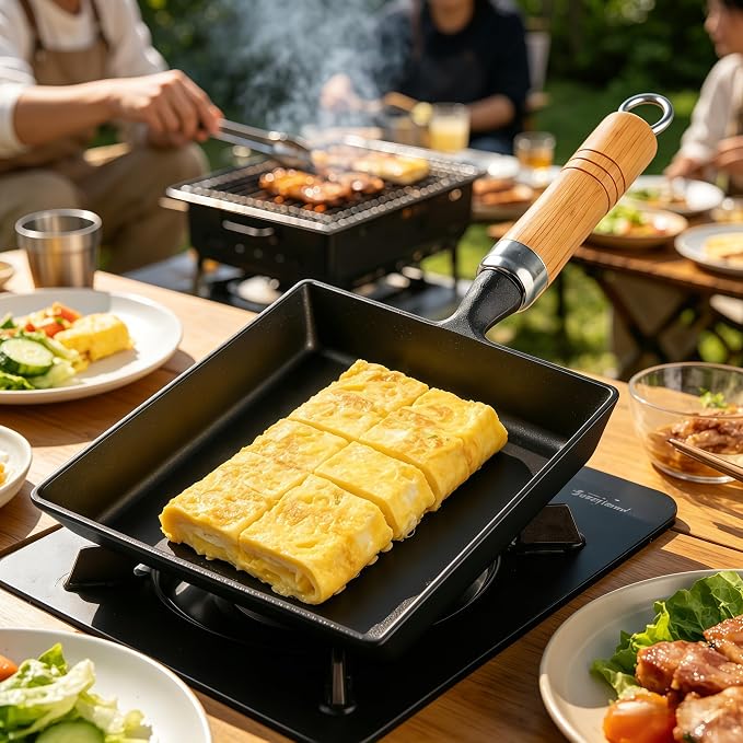 Cast Iron Tamagoyaki Pan Japanese Egg Omelette Pan Skillet Wooden Handle