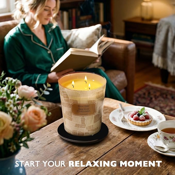 HomeLights Large jar Candle | 3-Wick Long-Lasting Scented Candles, 34oz Natural Soy Wax Candle for Home Scented, Rustic Modern Gifts for Women & Men, Salted Caramel