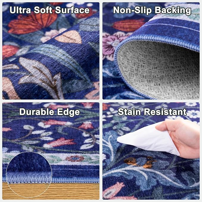 Runner Rug for Entryway: 2.6x10 Kitchen Rugs Non Slip Washable Ultra-Thin Soft Floral Carpet Indoor Floor Stain Resistant Carpets for Hallway Bedroom Kitchen Laundry Bathroom Dorm Blue