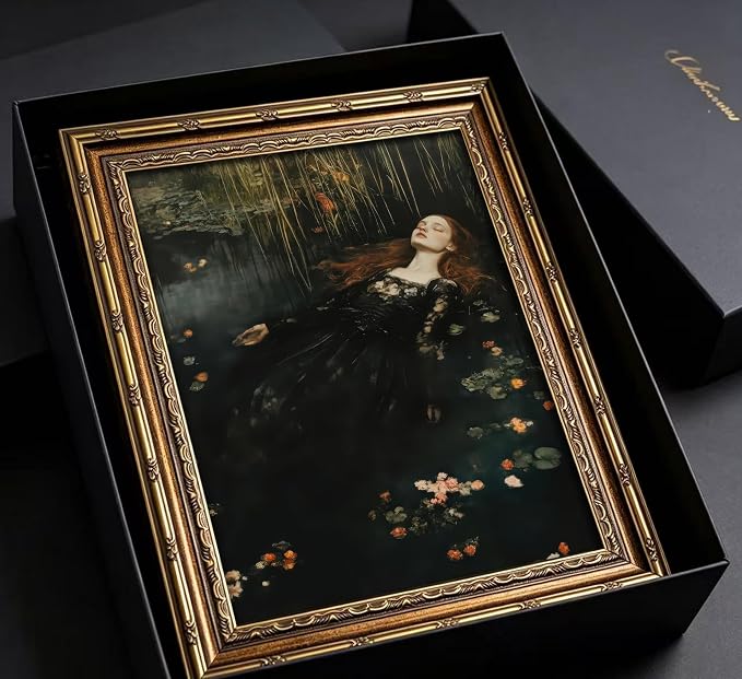 Vintage Gold Framed Ophelia Wall Art,Victorian Gothic Oil Painting Canvas Print,Classic Dark Academia Aesthetic Wall Decor,Antique Woman Portrait Picture,Moody Floral Poster Artwork,for Living Bedroom