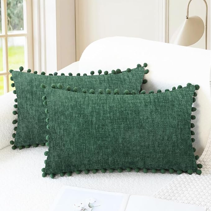 CaliTime Decorative Couch Throw Pillow Covers 20 X 12 Inches Dark Green | Pack of 2, Cozy Chenille Cushion Cases, with Pom Poms for Sofa Bed Living Room Farmhouse Home
