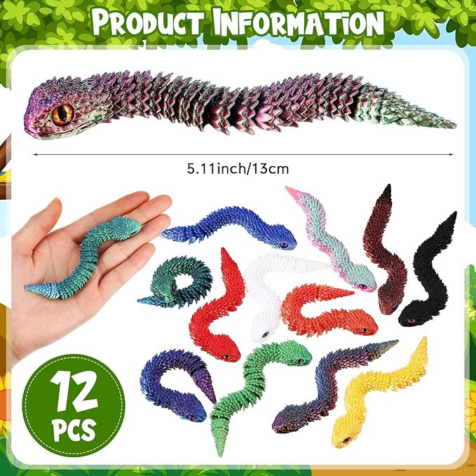 Honoson 12 Pcs 3D Printed Fidget Toy 3D Printed Snakes Small Animal Toy Flexible Cute Articulating Pet Stress Relief Fidget Toys for Play and Display(13cm)