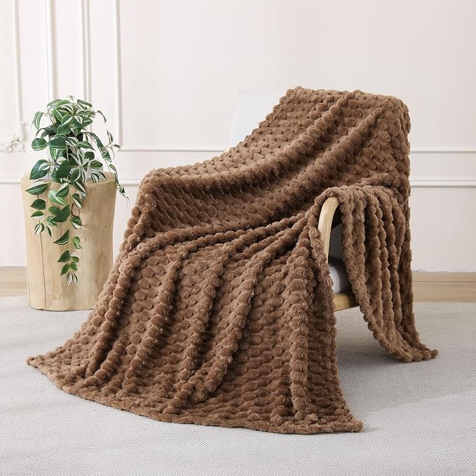 Brown Fleece Throw Blanket 50”×60” for Couch Sofa Bed | Super Soft Cozy Plush Microfiber Flannel Blanket with 3D Jacquard Decorative Lightweight for Mom Woman
