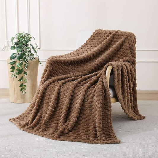 Brown Fleece Throw Blanket 50”×60” for Couch Sofa Bed | Super Soft Cozy Plush Microfiber Flannel Blanket with 3D Jacquard Decorative Lightweight for Mom Woman