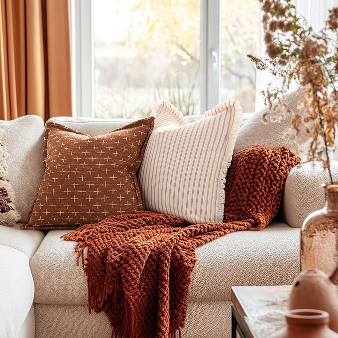 Fall Pillow Covers 16x16 Set of 2 Soft Polyester Textured Rust Pillow Covers with Stylish Flange Edge Cozy Farmhouse Throw Pillows for Couch Bed Sofa Living Room Fall Decor