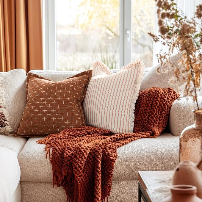 Fall Pillow Covers 20x20 Set of 2 Soft Polyester Textured Rust Pillow Covers with Stylish Flange Edge Cozy Farmhouse Throw Pillows for Couch Bed Sofa Living Room Fall Decor