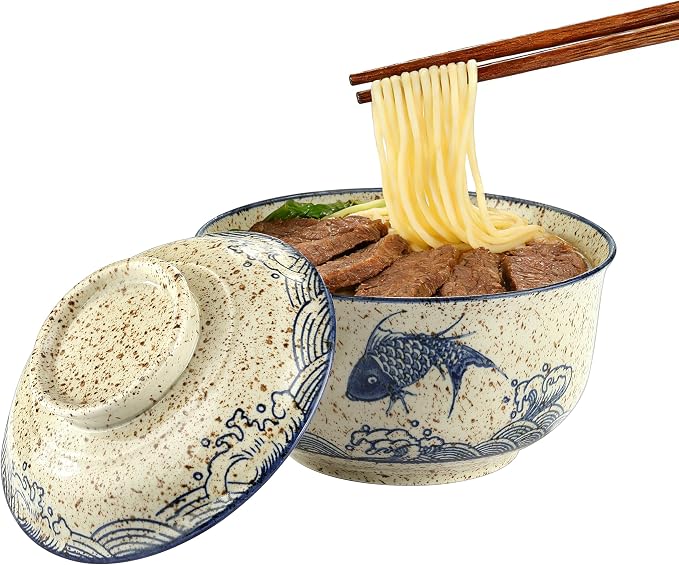 Ramen Bowl, DV 25 OZ Microwavable Japanese Korean Ramen Soup Bowl with Lid, Blue Fish and Wave Design