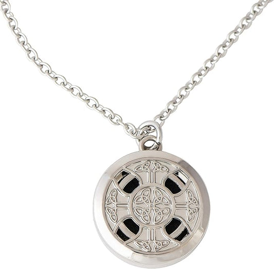 Wild Essentials Celtic Cross Essential Oil Diffuser Nickel Free Alloy Locket Pendant with 24 inch Chain, 6 Refill Pads, Customizable Color Changing Perfume Jewelry for Aromatherapy
