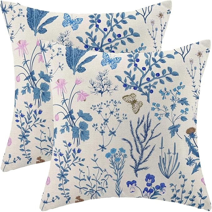 AEIOAE Summer Pillow Covers 16x16 Inch Set of 2,Blue Wild Flower Plant Throw Pillows Case,Seasonal Floral Outdoor Decorative Square Linen Farmhouse Decor Cushion Covers for Home Sofa Bed Couch