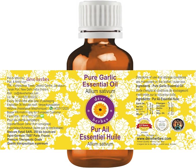 Deve Herbes Pure Garlic Essential Oil (Allium sativum) Steam Distilled 100ml (3.38 oz)