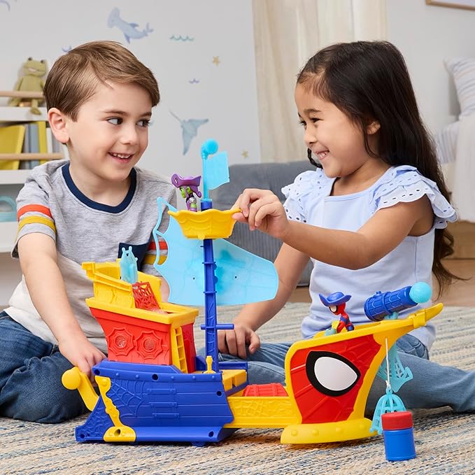 SPIDEY AND HIS AMAZING FRIENDS Marvel Water-Webs Webs Ahoy Bubble Pirate Ship Toy, 3-Inch Action Figures & Boat Playset, Super Hero Toys, 3+ Years
