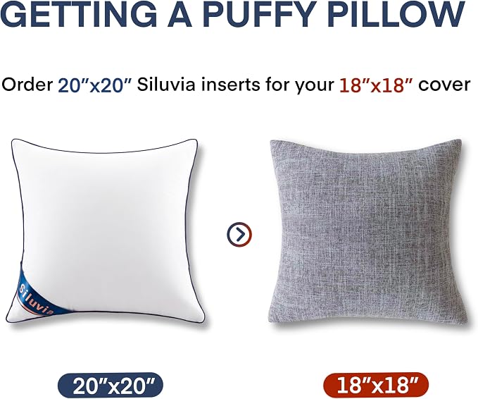 Siluvia 20x20 Down Alternative Pillow Insert 2 Pack, 100% Cotton Cover | 100% Premium Polyester Fill, Fluffy & Soft with Comfy Support - White Decorative Cushion Inserts for Couch, Sofa & Bed