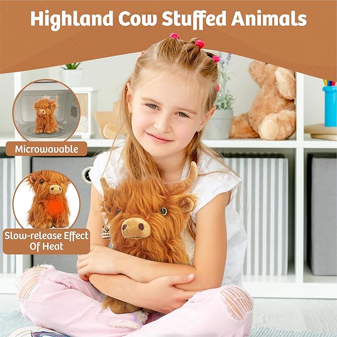 MARYSUN Microwavable Highland Cow Stuffed Animal Toy - Brown Stuffed Animal Gift for Girls and Kids