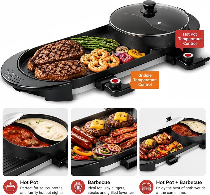 SEAAN Hot Pot with Grill, Korean BBQ Grill Indoor Hotpot Pot Electric Combo, Shabu Shabu Pot with Divider KBBQ Grill Smokeless Non-stick Separate Dual Temperature Control, for 2-12 People, 110V