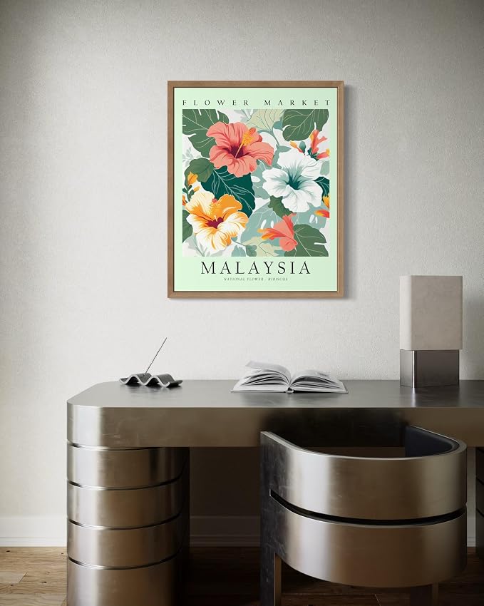 Malaysia Flower Market Art Print Poster, Wall Art Floral Painting Botanical Decor for Bedroom, Kitchen, Bathroom Livingroom Decoration 82B (Malaysia, 20"L x 16"W, Wood Frame)