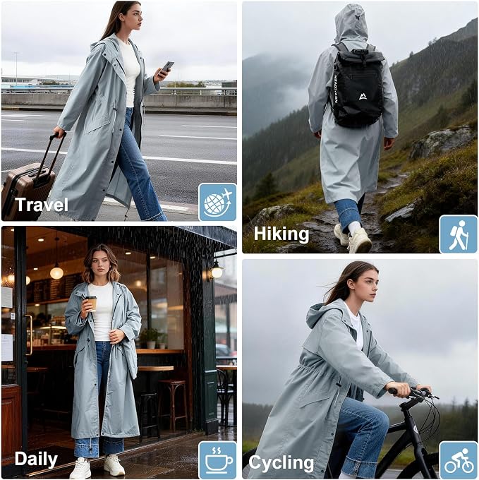 LAMA Womens Long Raincoats Rain Jacket Waterproof Packable Hooded Windbreaker Lightweight Adjustable Waist for Outdoor