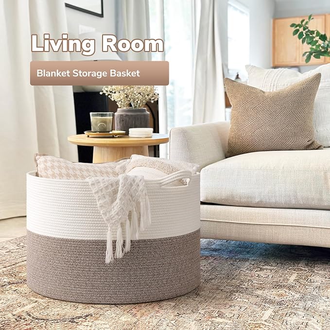 Goodpick Extra Large Woven Blanket Basket Living Room & Playroom, 115L | 23.5 x 23.5 x 15.8 In Woven Basket for Storage, Kids Toy Storage for Playroom, Laundry Basket for Towels, Mele
