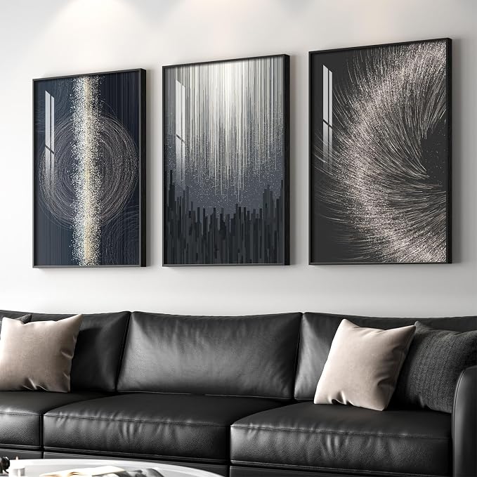 Large Framed Black Silver Modern Abstract Wall Art for Living Room, 3 Piece Elegant Luxury Art Prints Paintings Artwork for Walls, Glitter Pictures for Entryway Dining Room Bedroom Wall Decor 24x36 In
