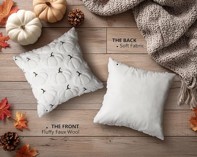 Fall Pumpkins Decorative Pillow Covers 18x18 Set of 2, White Soft Plush Faux Fur Wool Farmhouse Throw Cushion Cases for Autumn Thanksgiving Holiday Home Decorations