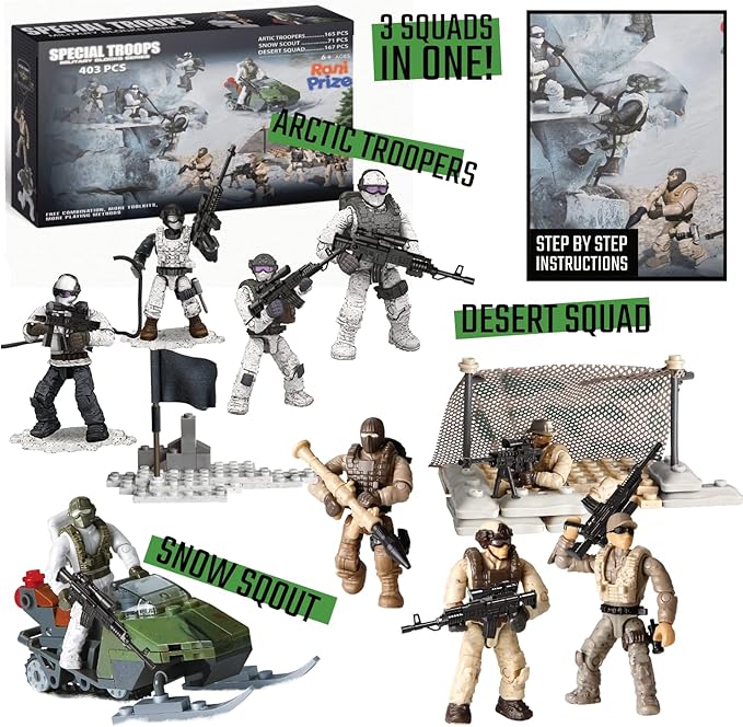 Special Forces Mini Action Figures Includes 3 Army Building Sets with 9 soldiers Arctic Troopers Snowmobile Scout Desert Squad Special Troops Toy Gifts 10+ Kids & parents - Quality Family Time 403 Pcs