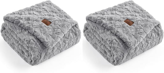 Cozy Bliss Faux Fur Throw Blanket for Couch, Fuzzy Soft Plush Thick Warm Fluffy Reversible Wave Textured Blanket for Sofa Bedroom Living Room, 55 * 70 Inches Grey (Pack of 2)
