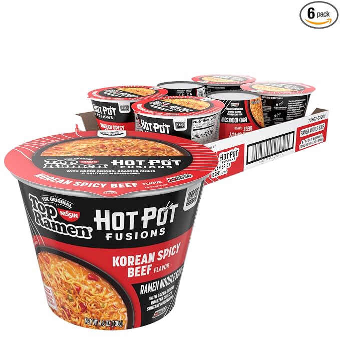 Top Ramen Hot Pot Fusions Korean Spicy Beef, 4.8 Ounce (Pack of 6) | Quick, convenient meal ready in minutes with just hot water.
